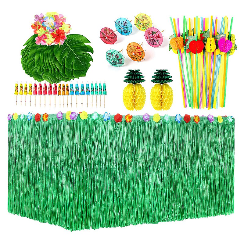 Hawaii Tropical Party Decoratie Set Stro Tafel Rok, Hibiscus Bloem, Palm Blad, Papier Ananas Decoratie: Default Title