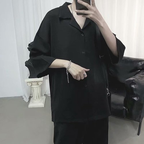Camisas manga de verano de tres cuartos para hombre, cuello vuelto, lado posterior, corte coreano, estilo Harajuku suelto, combina con todo, ropa de calle Chic: M