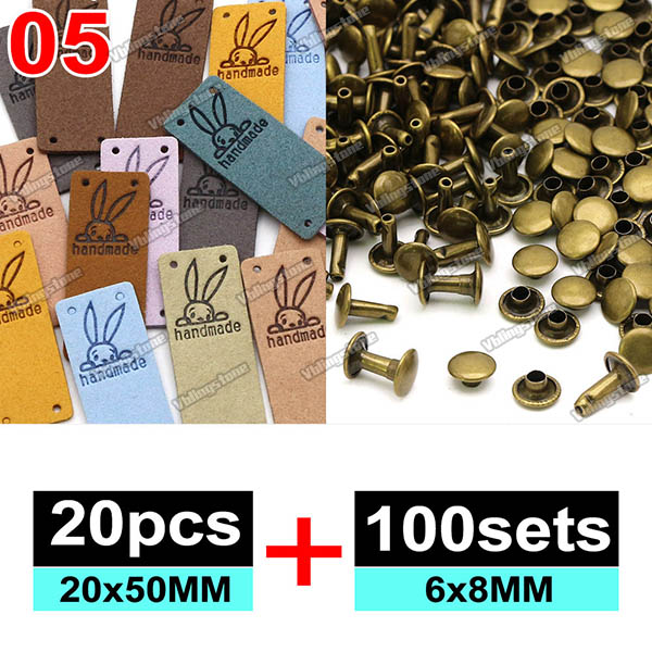 Zestawy etykiet skórzanych Ręcznie robione etykiety na ubrania Wytłaczane etykiety z metalowymi nitami z podwójną nasadką 6x8MM Akcesoria robić szycia: Antyczne cynku