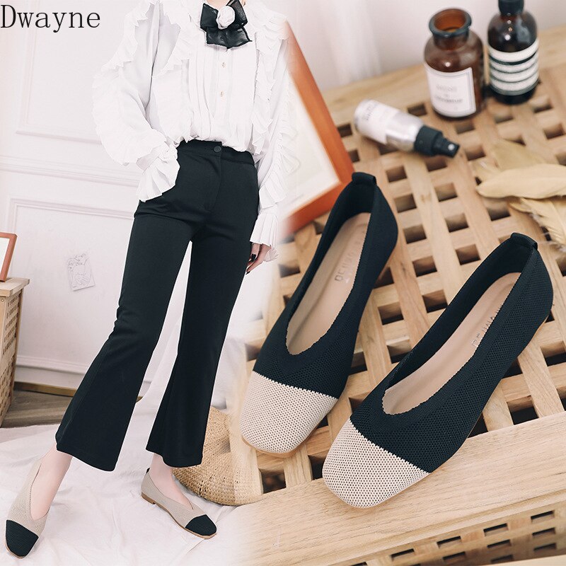 Ms. Grandma's shoes square head shallow mouth one foot peas shoes knit flat single shoes wild