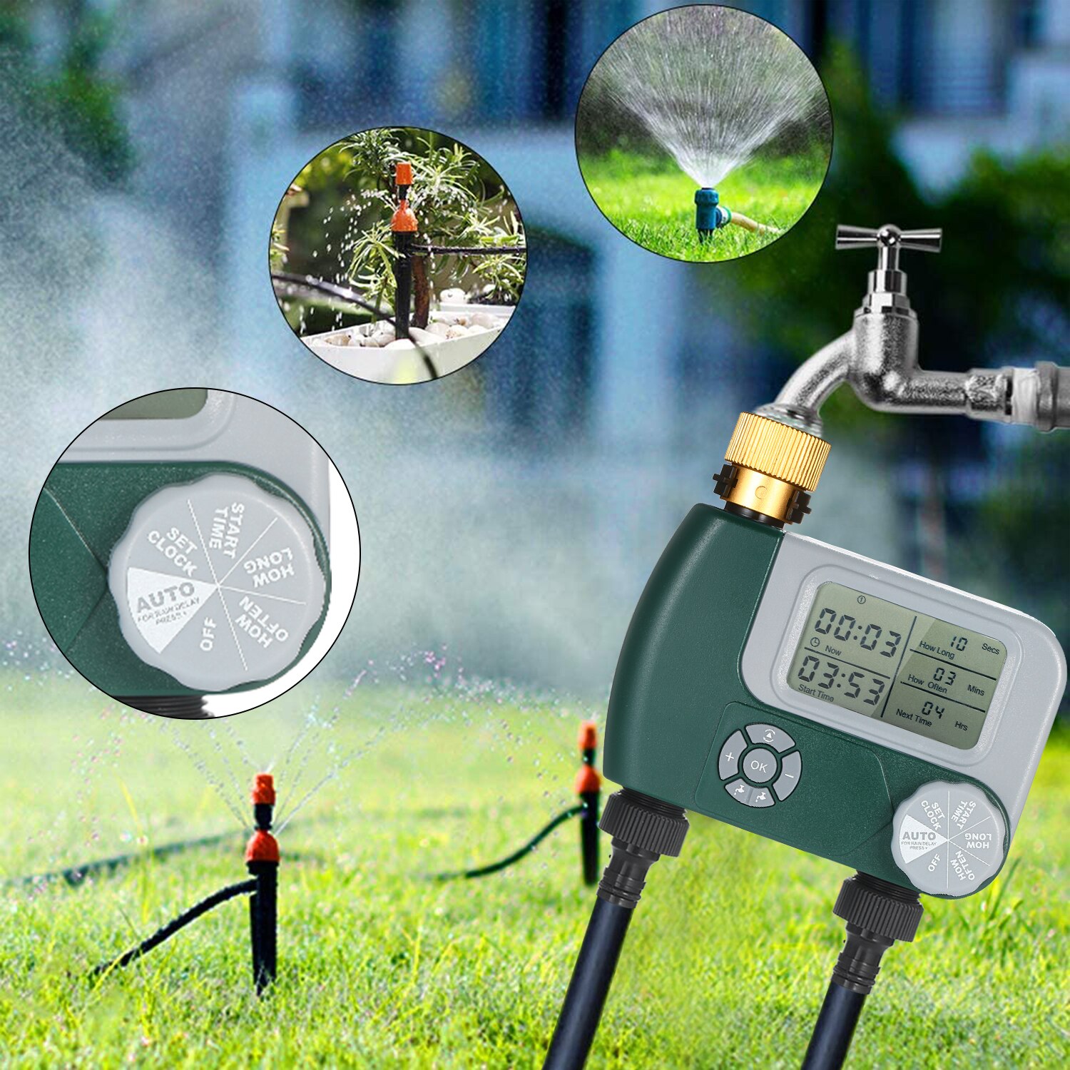 Digital slang kran timer utomhus batteridriven automatisk bevattning sprinklersystem bevattning controller med 2 uttag