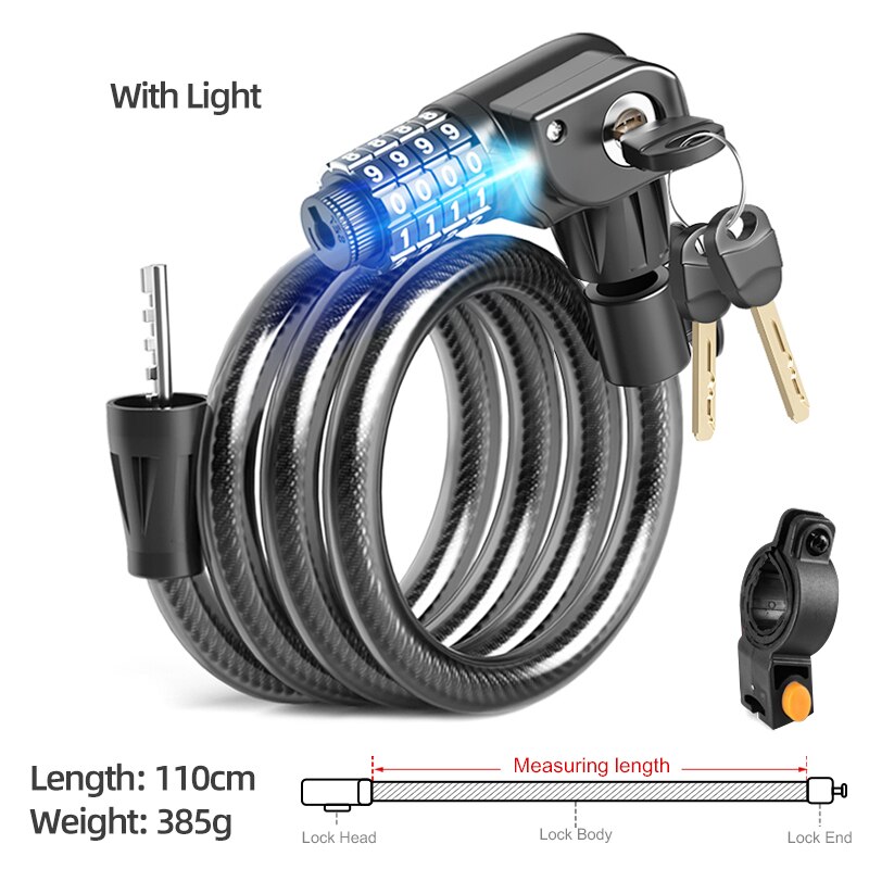 Xunting Bike Lock with Light Combination Keys Anti-theft Mountain Bike Lock General Bicycle Steel Cable Lock LED Luminous Locks: with light 110cm