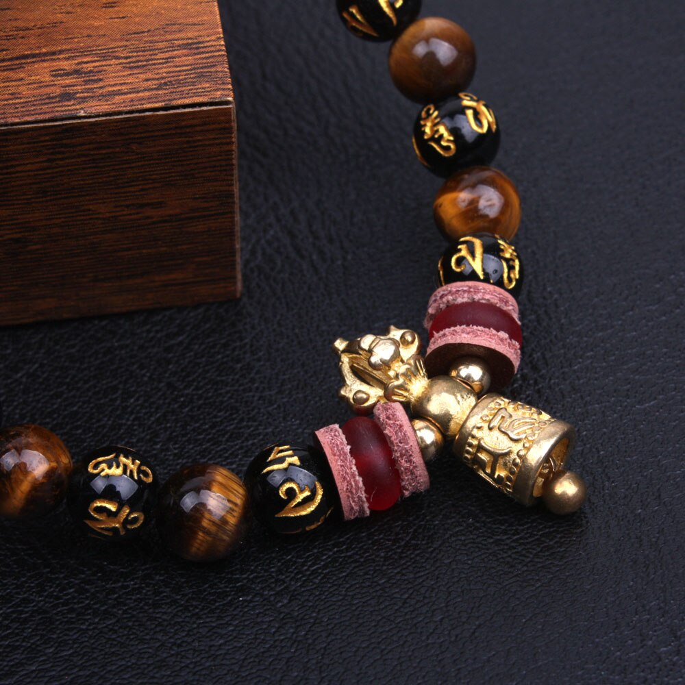 Tiger ogen met om mani padme hum kralen strand armband voor mannen & vrouwen Tibetaanse Boeddhistische Ghanta sieraden Lucky mala armband