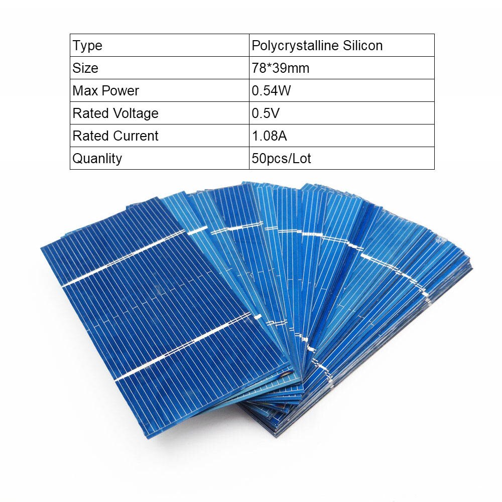 50Pcs Zonnecellen 125 156 Polykristallijne Zonnepaneel 52 78 Diy Oplader Batterij 5V 6V 12V Silicon Sunpower 5/6 Inch Poly: 78x39mm
