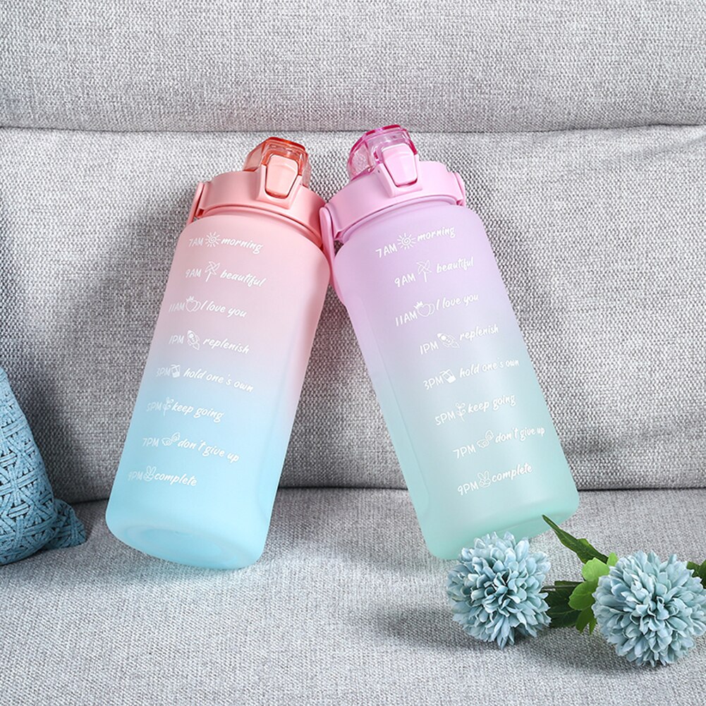 2000ML Large-Capacity Water Bottle With Time Scale Reminder Elastic Straw Sports Bottle Keak-Proof Frosted Outdoor Drinkware