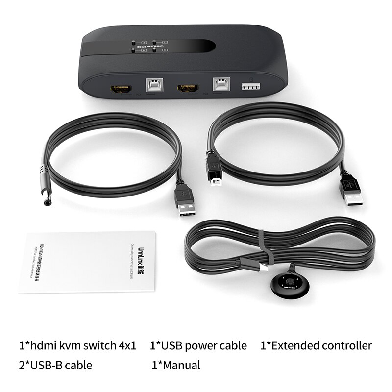 Unnlink 4K KVM Switch 4 In 1 Out HDMI KVM With Extender 4 PC Computer Laptop Share 4 PCs USB Disk Monitor Printer Keyboard Mouse