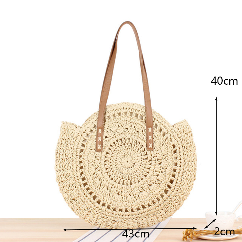 Ronde Stro Strandtas Vintage Handgemaakte Geweven Schoudertas Raffia Cirkel Rotan Zakken Bohemian Zomervakantie Casual Tassen: Hollow-beige