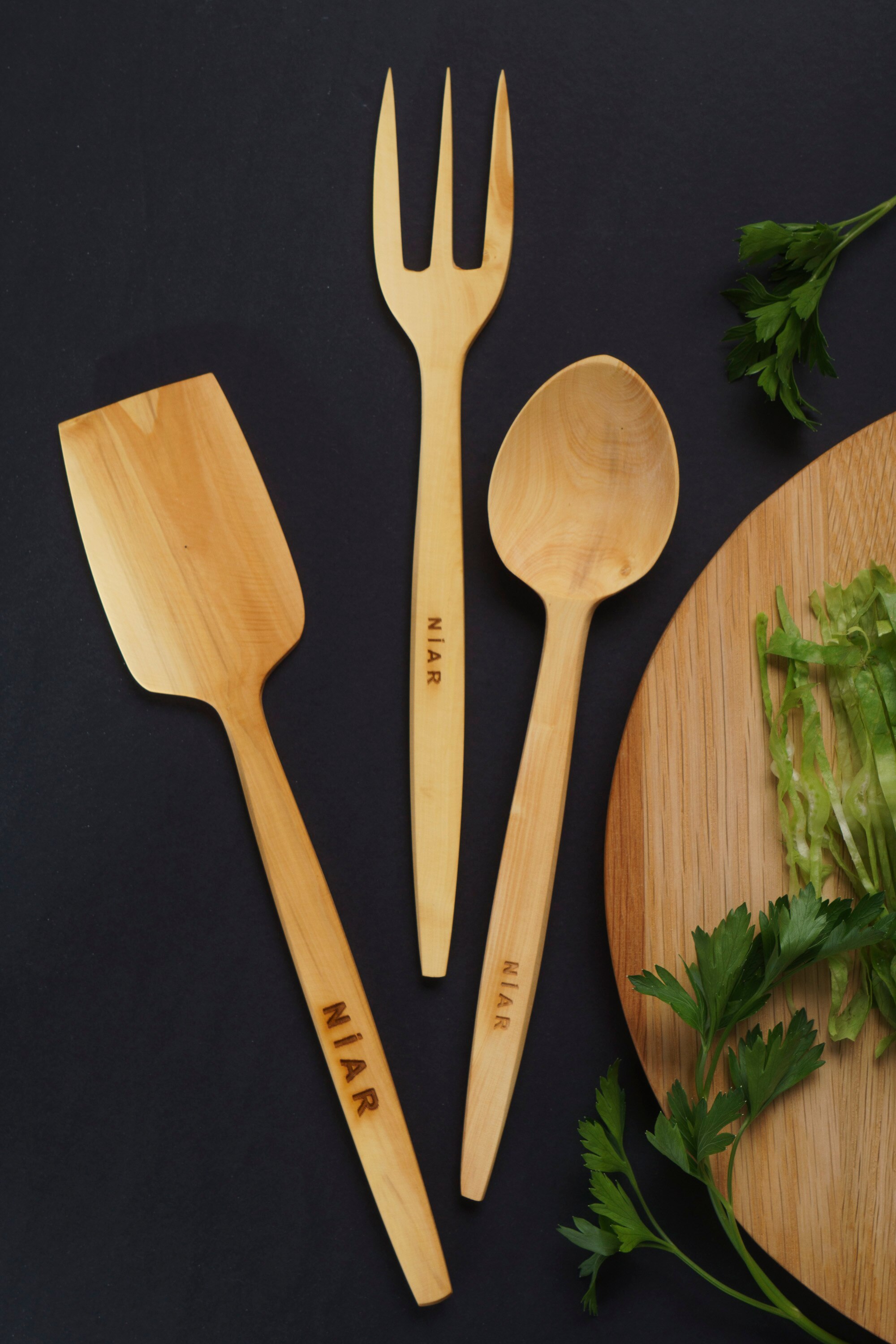 NIAR Wooden Utensil Set - 7 Piece Set Cooking Set - Handmade Kitchen Utensils Set Natural Dinner Spoon, Spatula, Vegetable Knife: Orange