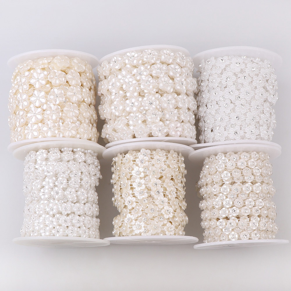 Línea de pesca con forma de flor, 1 yarda, cadena de cuentas de perlas de espalda plana Artificial para materiales de decoración para boda DIY, accesorio
