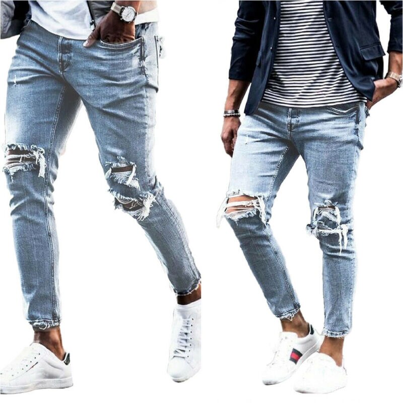 Mens Skinny Slim Fit Ripped Jeans Stretch Biker Distressed Casual Denim Pants