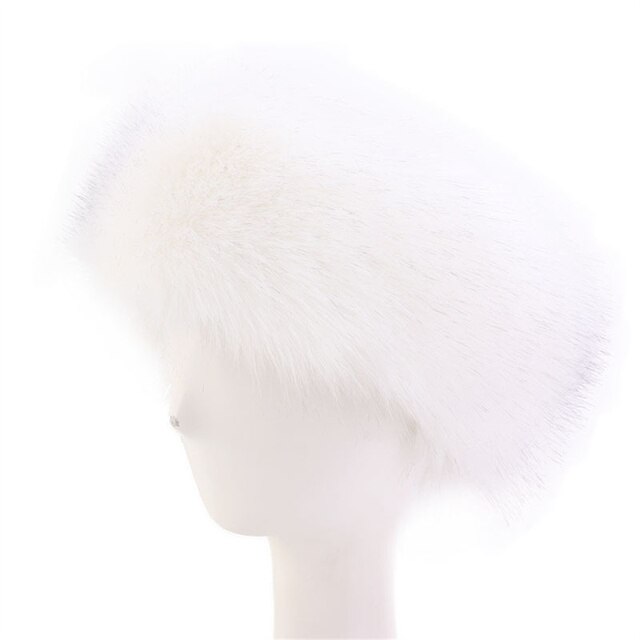 Women Ski Headband Hat Fluffy Winter Warm Ear Flap Faux Fur Cap Fluffy Warm Flap Cap Ear Headband Russian Style: White