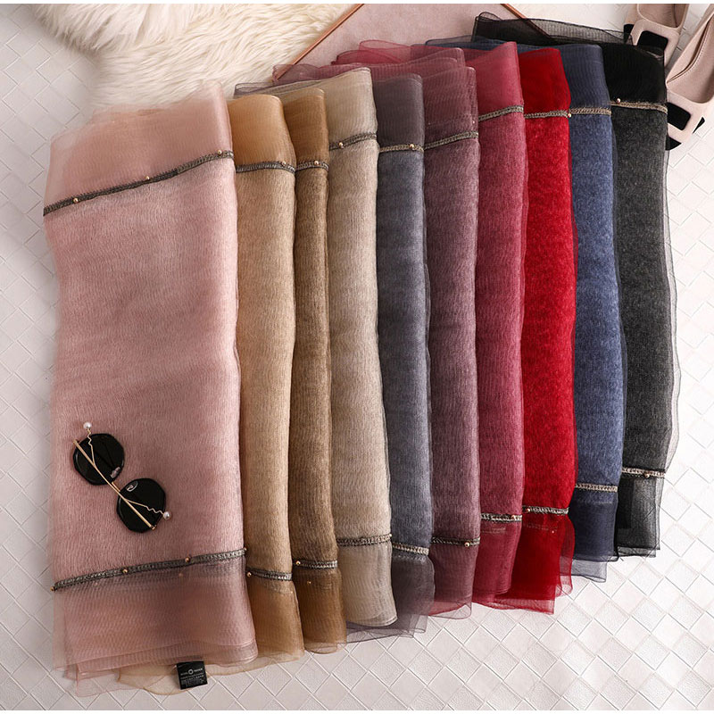 Heltäckande pärlor kvinnor siden halsdukar broderi mjuk ull halsduk lady pashmina sjal bandana foulard