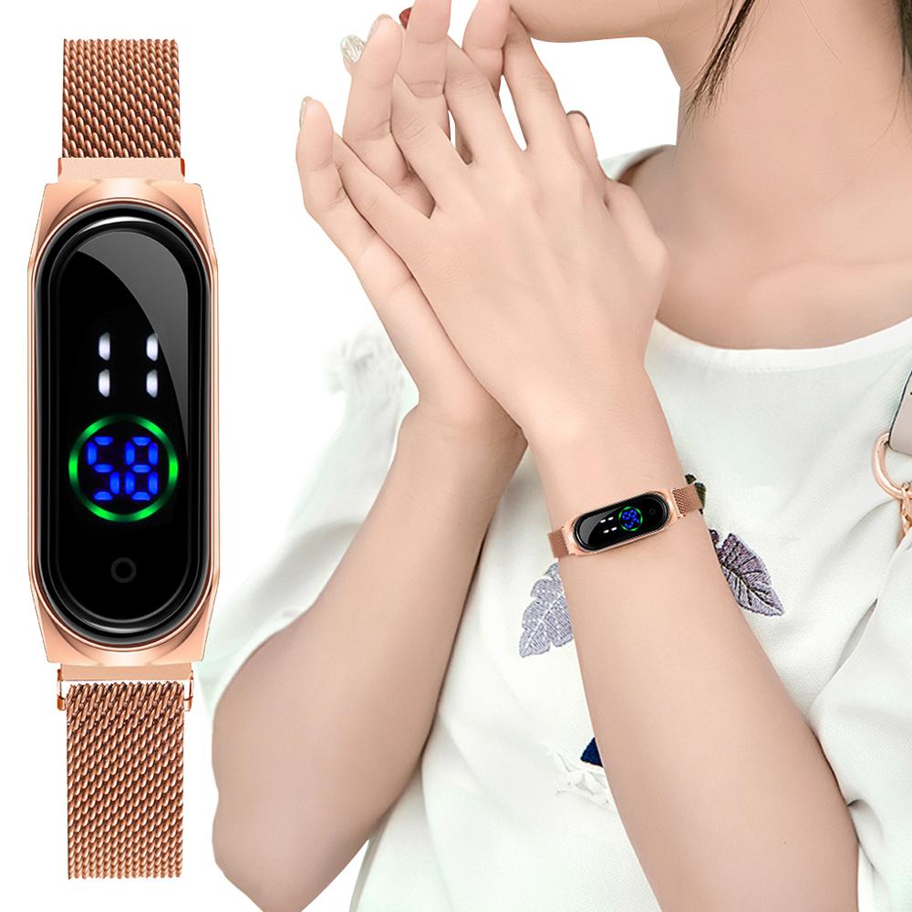 Dames Horloge Vrouwen Touch Screen Led Horloges Rose Goud Magnetische Mesh Riem Elektronische Klok Digitale Horloges Relogio Feminino