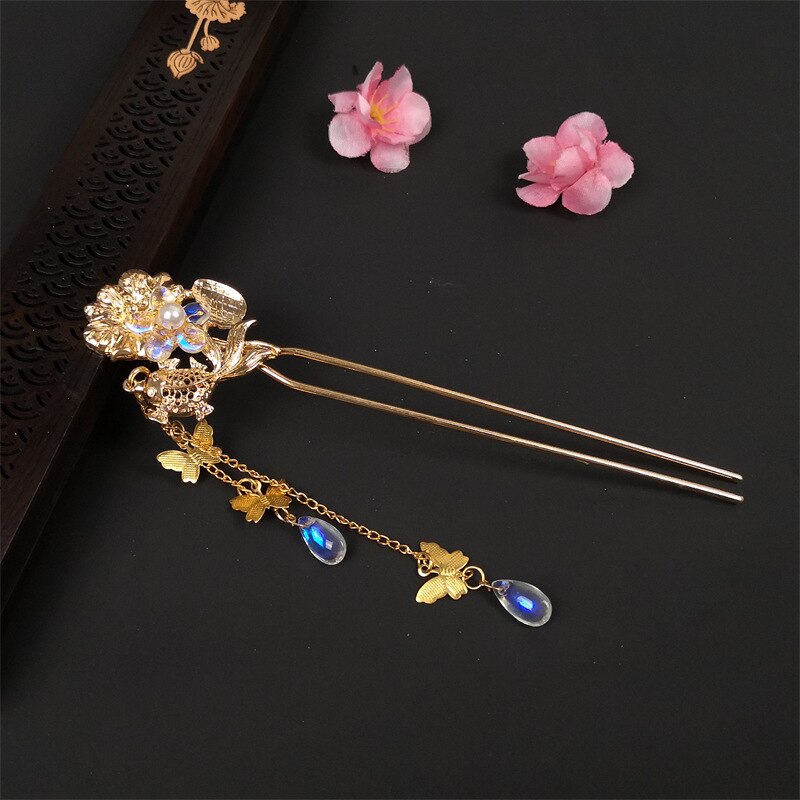 Acessórios de cabelo chineses, grampos de cabelo de metal hanfu, presilhas de cabelo com borla, grampo de balanço antigo, ornamentos para cabeça