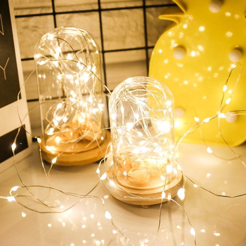 Guirnalda de luces LED de cadena de alambre plateado, 1 piezas, 1M, 2M, 3M, 5M, para Navidad, hogar, boda, decoración de vacaciones al aire libre