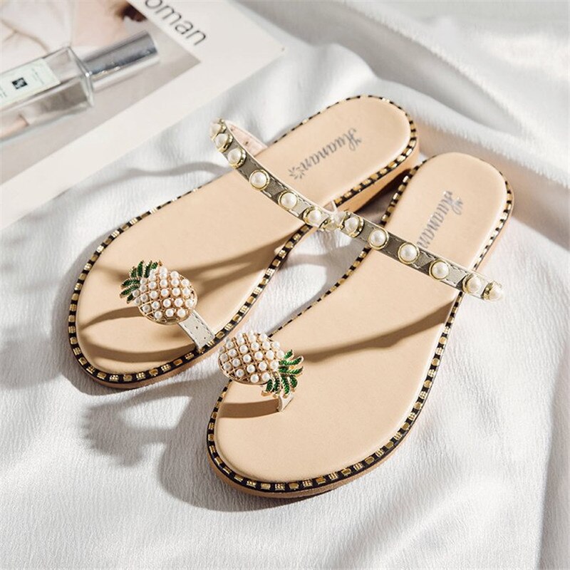 Summer Flat Heel Women Ladies Sandals toe ring Bohemia Sandals With ananas Flat Shoe Outdoor Slides 35-39