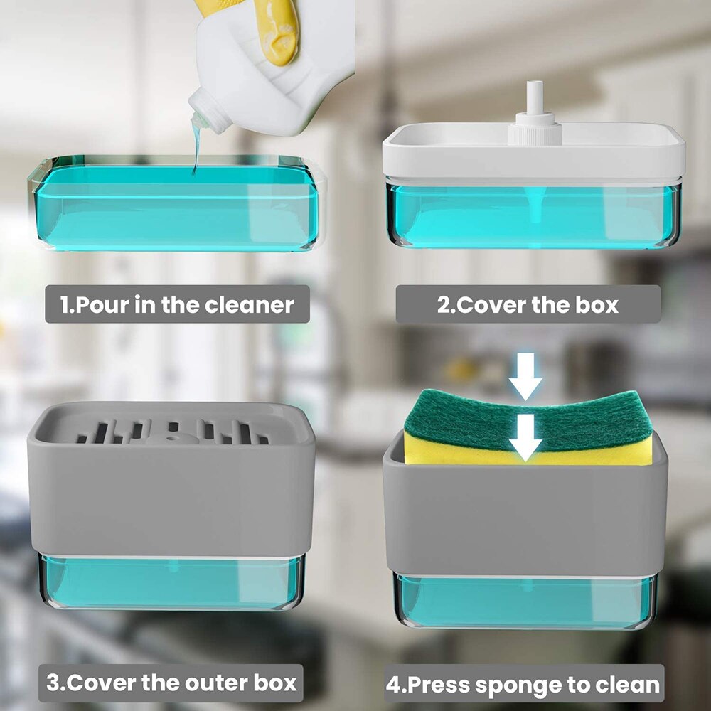 Manual Soap Dispenser Soap Pump Sponge Caddy Kitchen 2-In-1 Manual Press Liquid Soap Dispenser With Washing Sponge