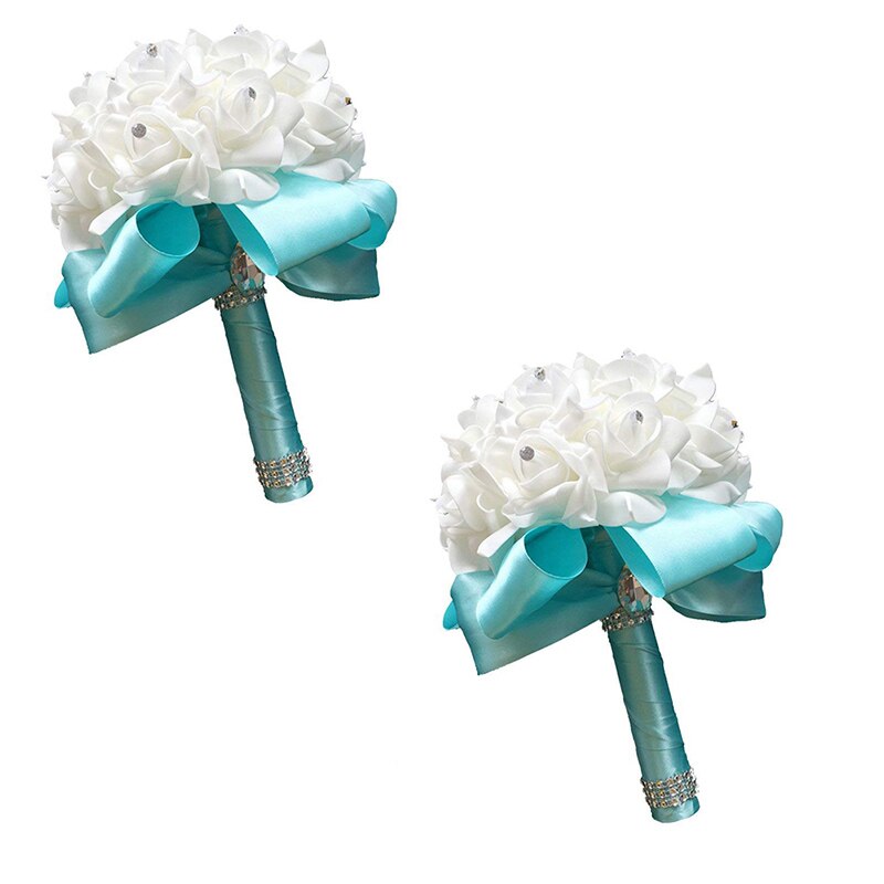 2022 Handmade Tiffany blue Bridal Bridesmaid Flower Wedding Bouquet Artificial Rose Ribbon Crystal Bouquets de noiva Beau: 2 Tiffany blue