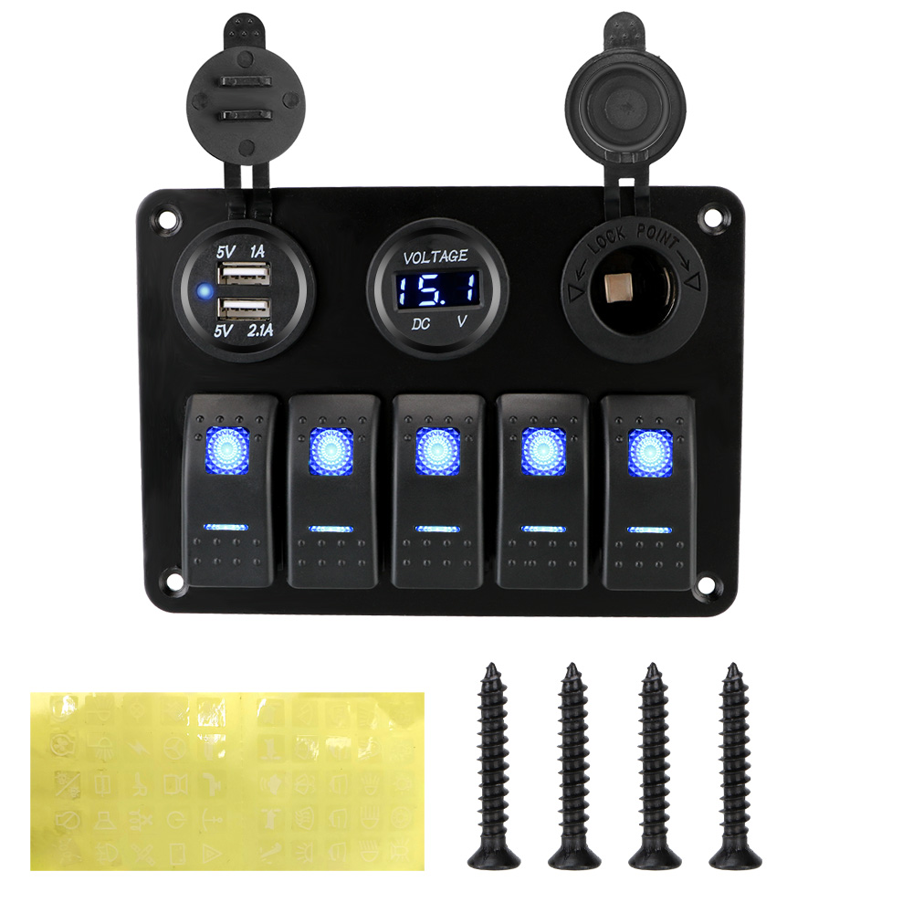 Digital spenning dobbel usb-spor stikkontakt vanntett 5- gangs led vippebryterpanel 12/24v uttak kombinasjon med sikring: Blå