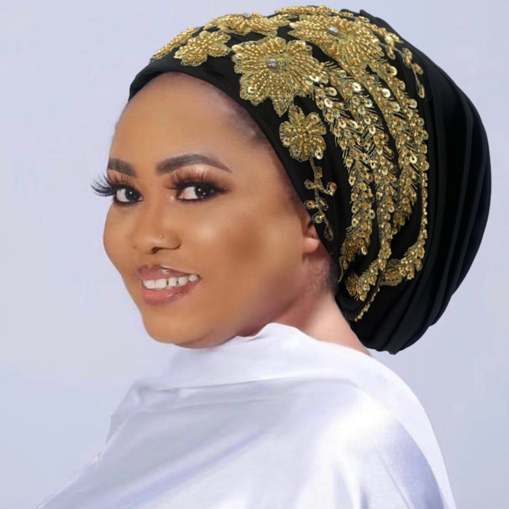 Berretto turbante pieghettato con perline – Grandado