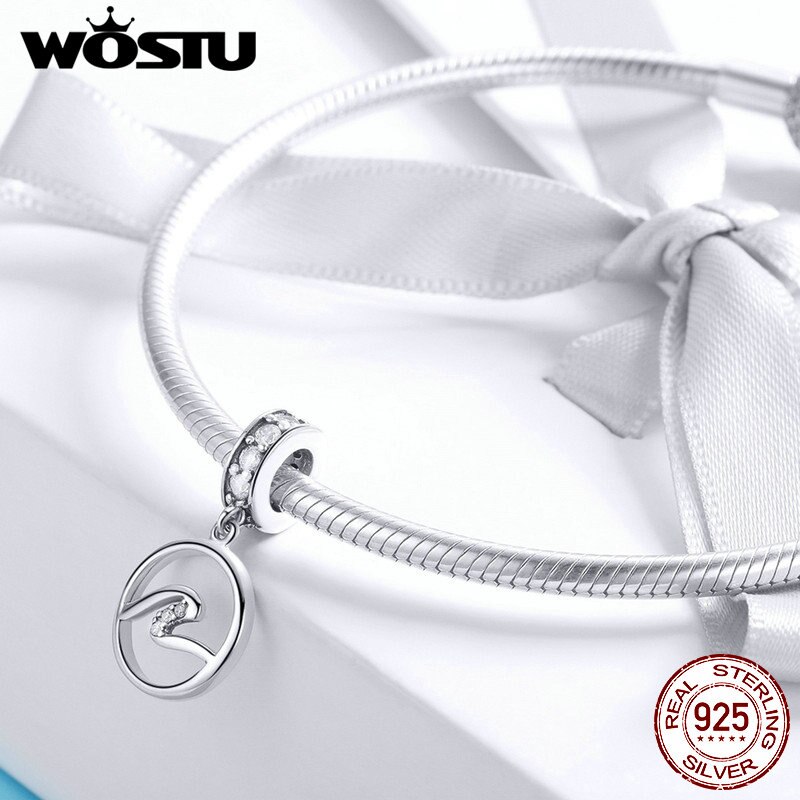 WOSTU 100% 925 Sterling Silver Wave Charm Fit Bracelet & Necklace Pendant Simple Original S925 Jewelry CQC1031