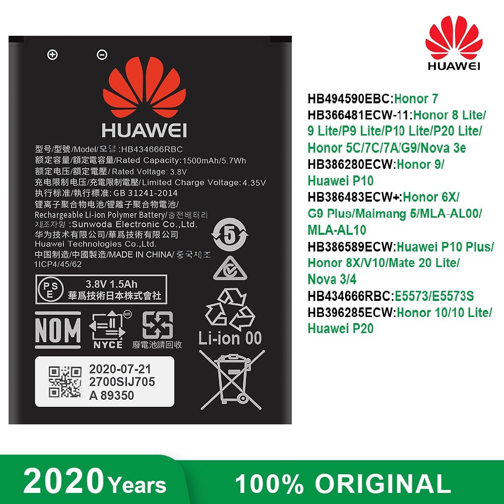 Originele Huawei Batterij HB434666RBC HB366481ECW Voor Huawei Wifi Router E5573 P9 P10 P20 Maimang 5 Genieten 6S Honor 7 8 9 10 Lite