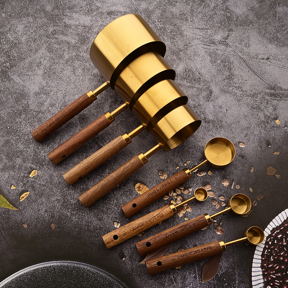 Gold Holzgriff Edelstahl Messbecher Löffel Backwerkzeuge Kaffee Messlöffel Set Barkeeper Maßstab Zubehör