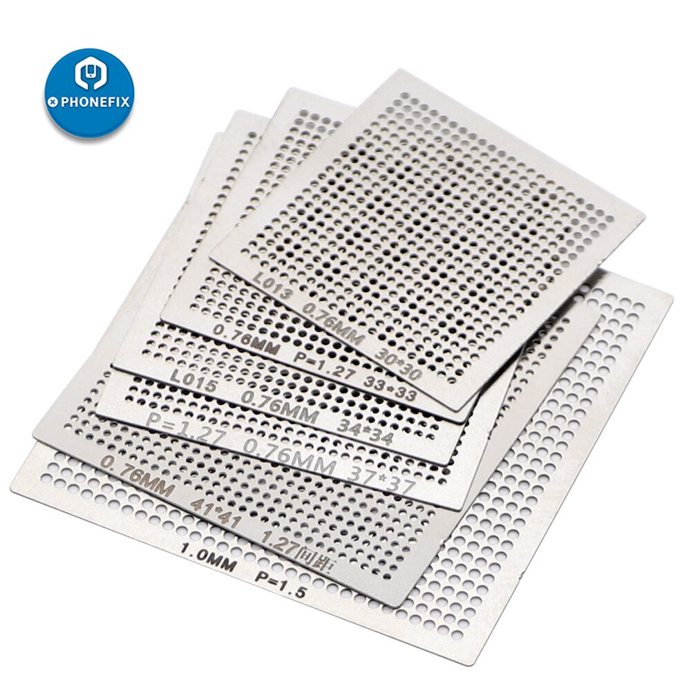 Bga reballing stencil universal kit 18 st 0.3/0.35/0.5/0.55/0.6/0.76mm reballing nät för telefon ic lödning reparation