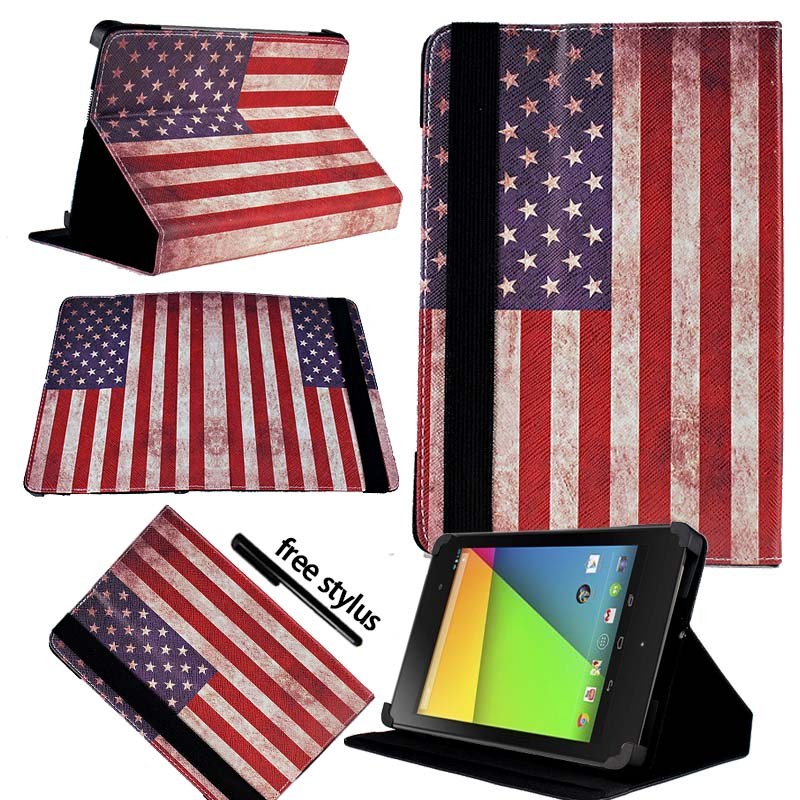 KK & LL Für Google Nexus 7 (1st 2th, Gen Gen ) -leder Tablet Ständer Folio Abdeckung Fall + Freies stylus: USA American Flag