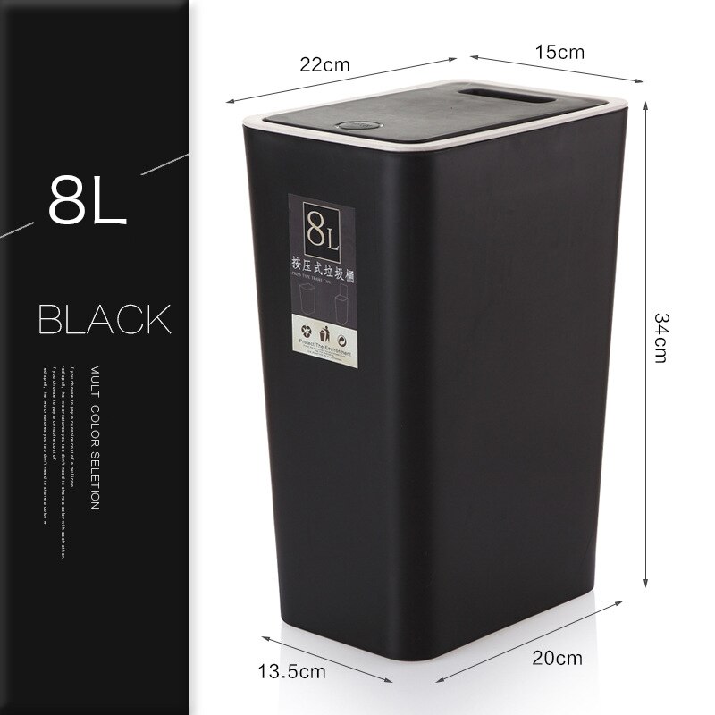 8L de basura de plástico estrecha tipo de prensa cocina, aseo residuos Bin habitación cuarto de baño cesto con tapa cubo basura doméstico: Ljt-8 Black 8L