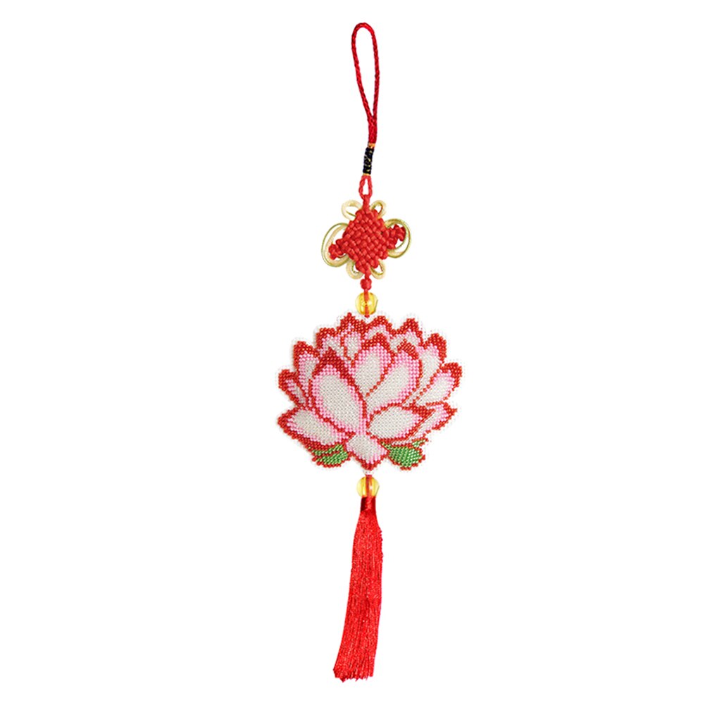 Kit de punto de cruz con cuentas, flor de loto bordado de hecho a mano, bolsa de llavero, decoración de colgante de coche, artesanía de adorno de nudo chino: 02