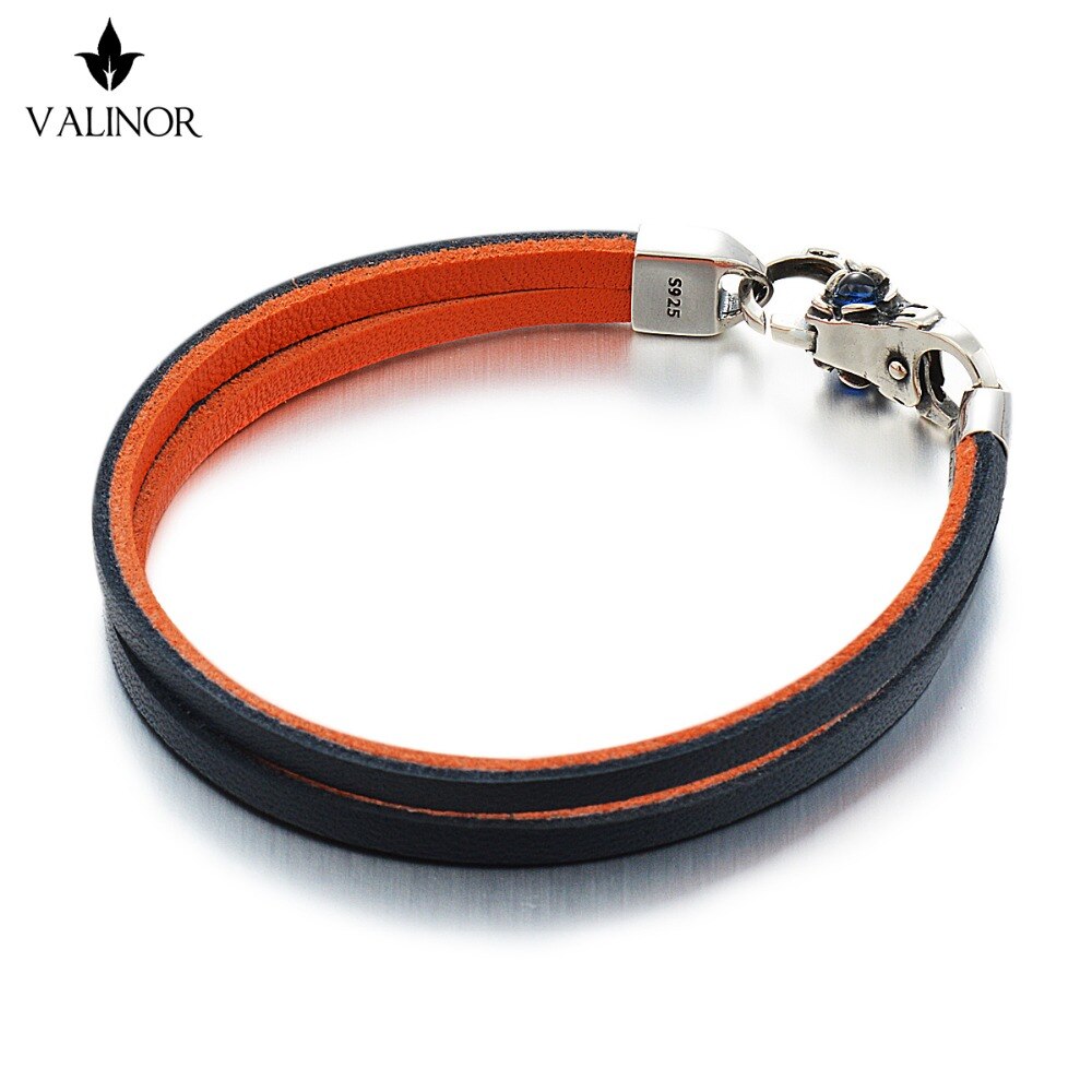 Blue orange dubbele Laag van de eerste laag van lederen armband 925 sterling Zilveren Armbanden SCNP001