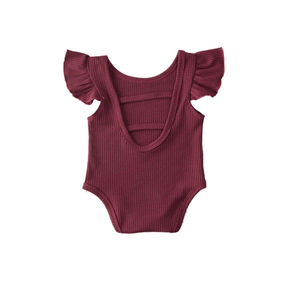 0-24M Newborn Infant Baby Girls Boys Bodysuits Solid Ruffles Short Sleeve Backless Jumpsuits 2 Colors: wine red / 6M