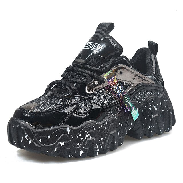 Forår efterår kvinders chunky sneakers kvinder platform sko bling pailletter snøre snøre vulkanisere sko kvindelige trænere far sko: Sort / 9