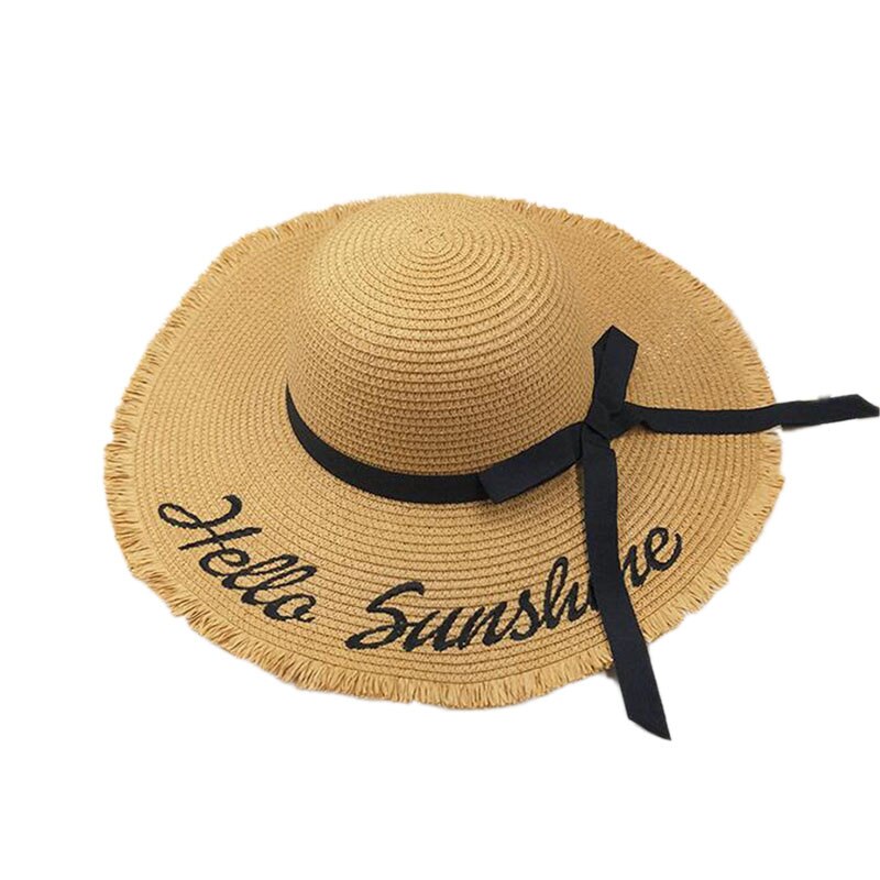 summer Hello Sunshine Sequin letter wide brim sun hats for women Beach vacation girls straw hat