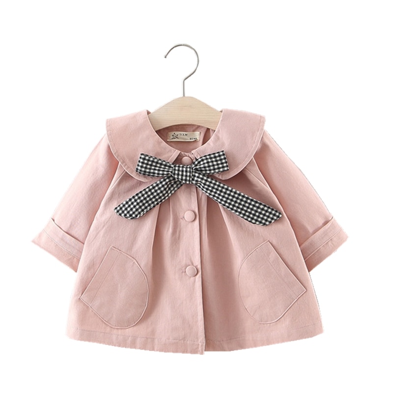 Infant Clothing For Baby Girl Jacket Newborn Kids Plaid Bow Tie Casual Windbreaker Outerwear Khaki Pink Cotton Toddler Baby Coat