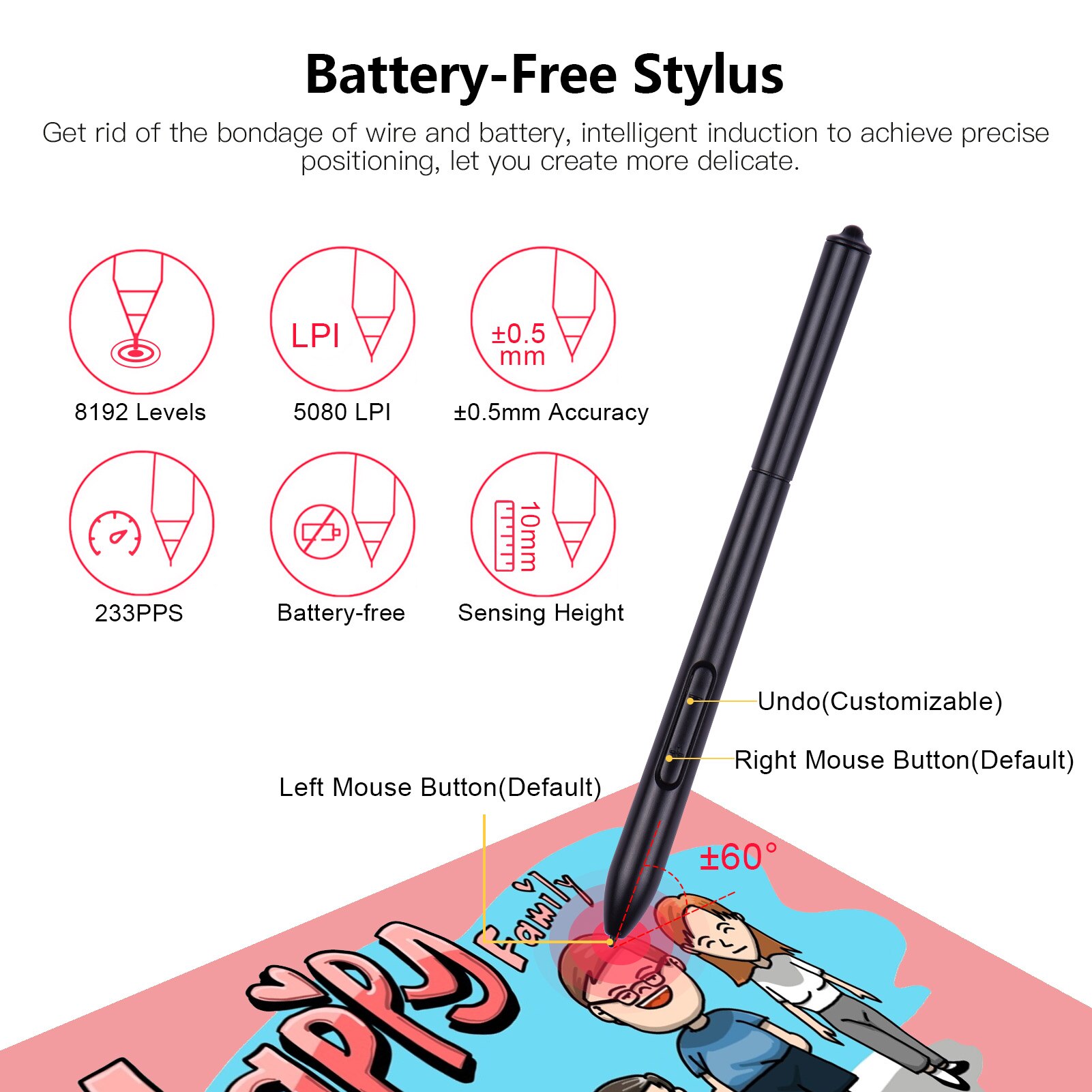 Multi-Functional Tableta Grafica Graphic Tablet Drawing Tablet Writing Board with 8192 Levels Battery-Free Stylus