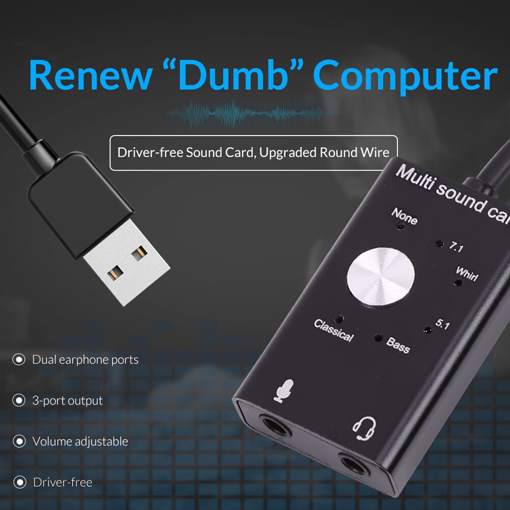 USB External Sound Adapter 7.1 Channel 3D Surround Heavy Bass 6 Sound Effects USB Sound Card Audio Adapter with 3.5mm Headphones