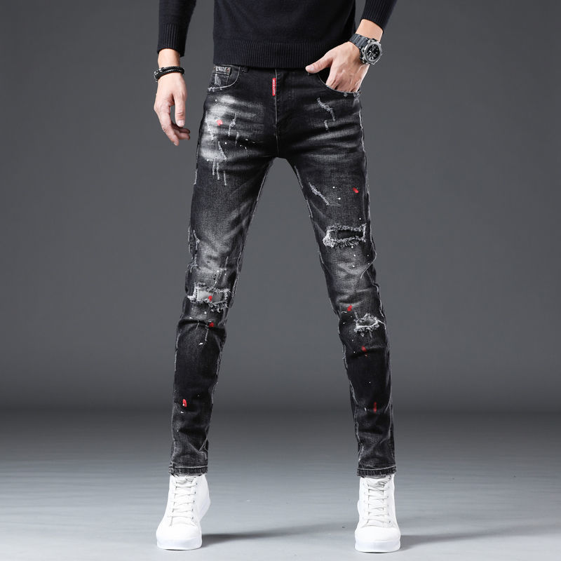 Korea Versie Heren Noble Black Ripped Jeans, Stijlvolle Slim Stretch Jeans, licht Luxe Splash Inkt Print Jeans,Sexy Straat Jeans;