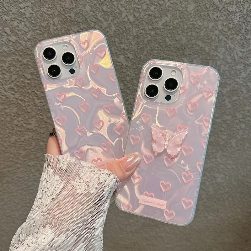 Para iPhone 15 Pro 16 Plus 14 Pro Max 13 12 11 X XS XR 7 8 SE romántico corazón rosa mariposa brillo forro duro alta funda de teléfono