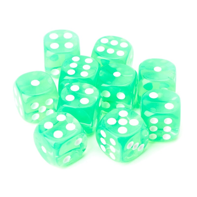 10pcs Six Sided 15mm Transparent Cube Round Corner Portable Table Playing Games: green