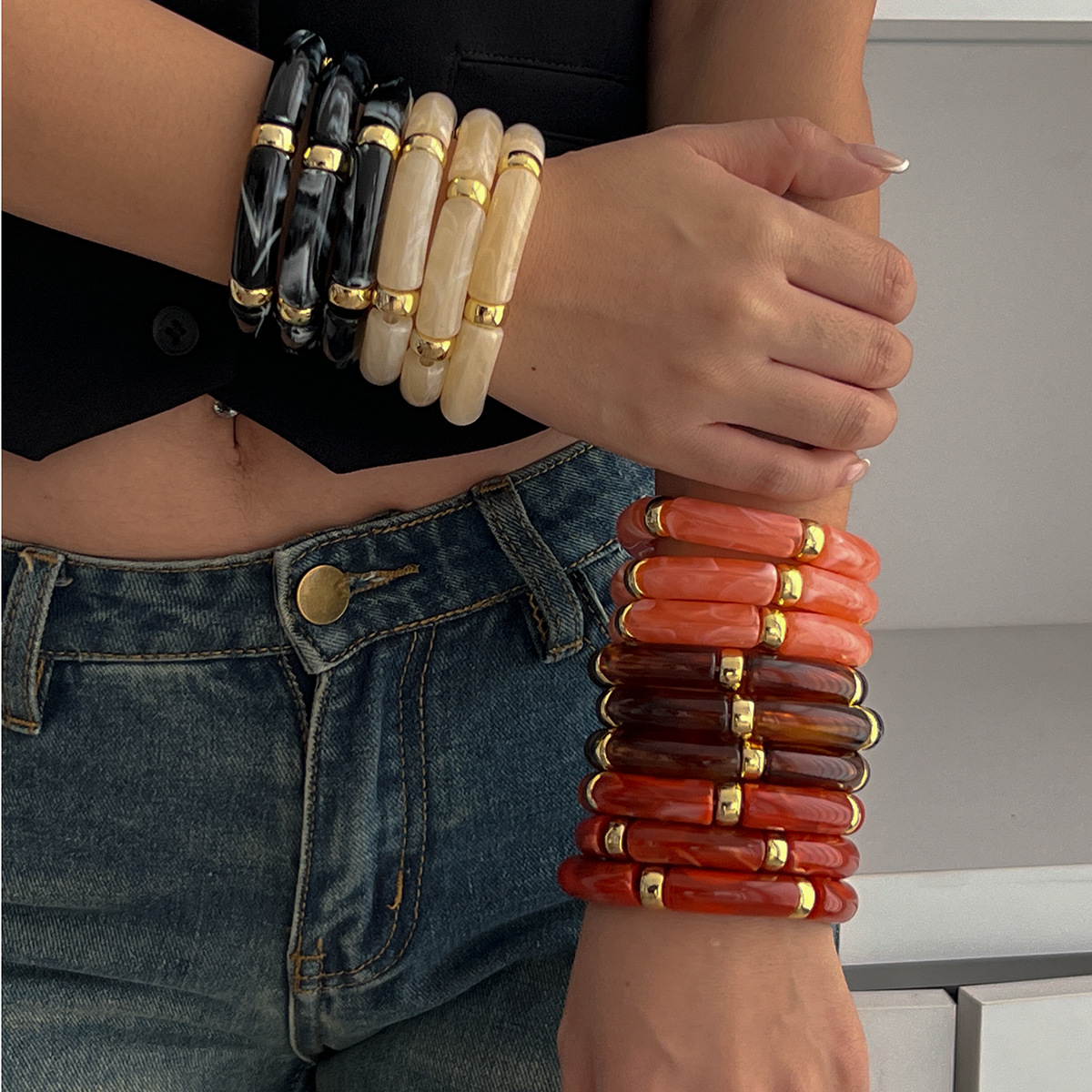 KMVEXO Vintage Acrylic Bamboo Beads Bracelet for Women Multi Color Stretchy Resin Girls Charm Couple Bangles Men Jewelry