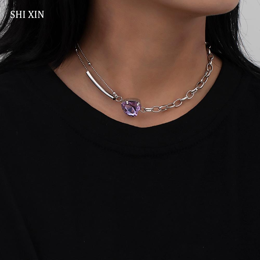 SHIXIN asymétrie en acier inoxydable chaîne court Collier ras du cou pour les femmes amour coeur cristal colliers bijoux Collier