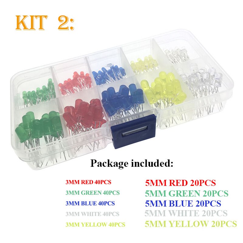 200 stk  / 300 stk 3mm 5mm led kit med kasse blandet farve rød grøn gul blå hvid lysdiode sortiment 20ma: Sæt 2