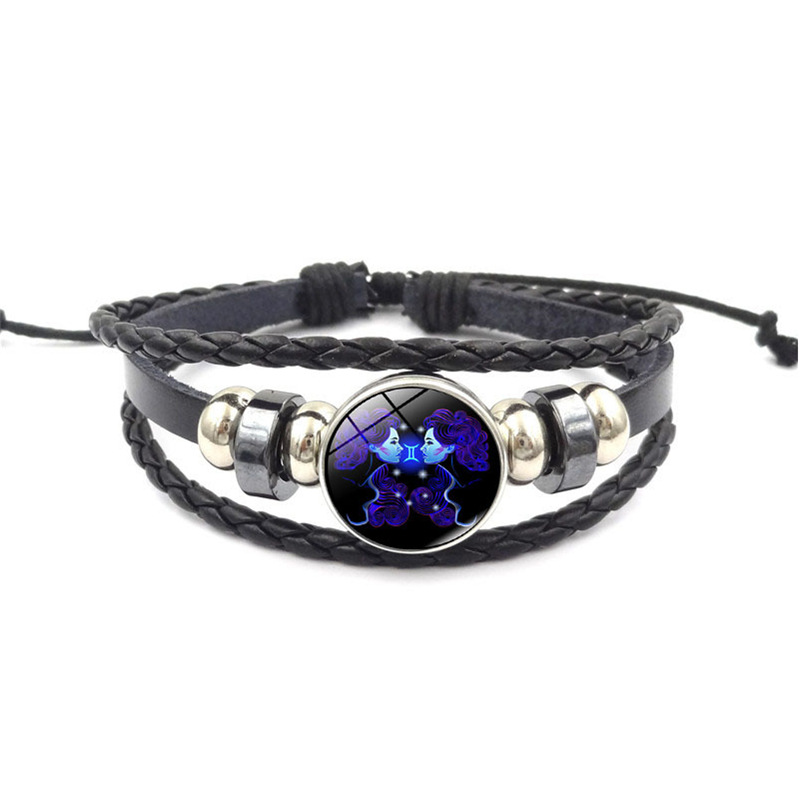 Horóscopo astrología 12 Zodiaco tejido luminoso cuero de vaca cielo estrellado pulsera hombres mujeres Acero inoxidable pulsera joyería: Gemini