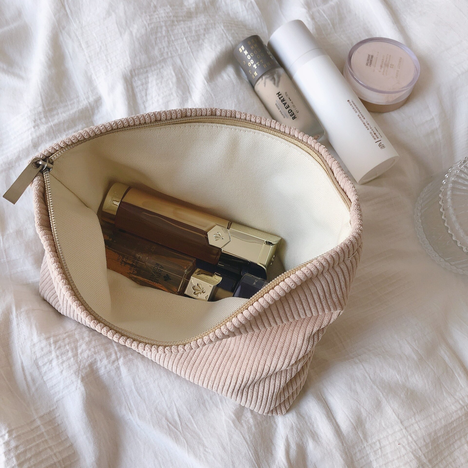 Neceser grande de pana para mujer, bolsa de maquillaje impermeable con cremallera, organizador de maquillaje de viaje, funda de belleza