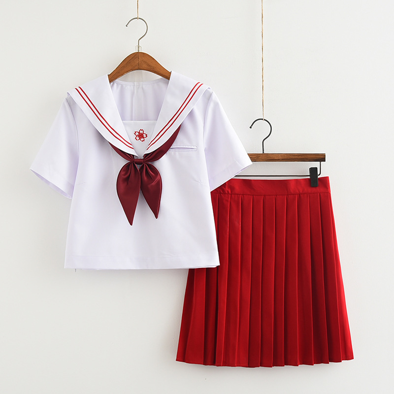 Vestido de uniforme de escuela de estudiante japonés para mujer, vestido de coro de escuela secundaria Lolita, vestido rojo sakura con cuello bordado marinero: S