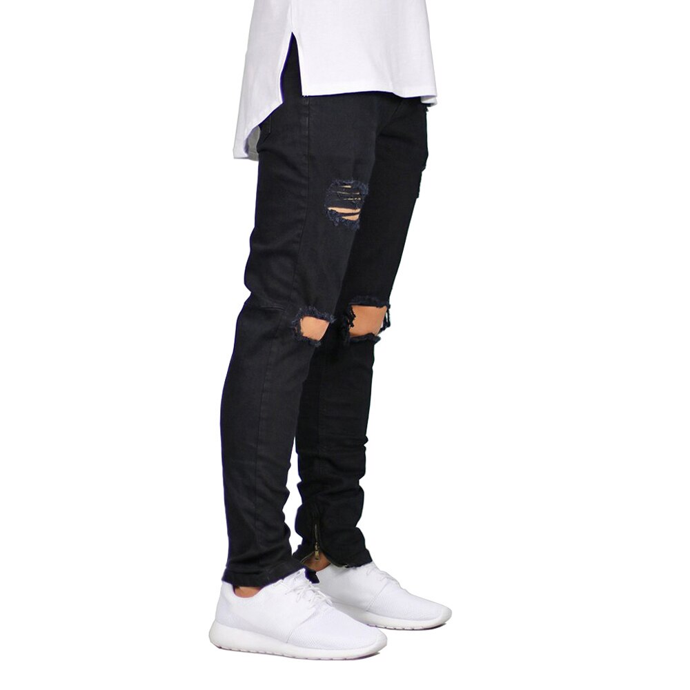 Mænd jeans stretch ødelagte rippet ankel lynlås skinny jeans til mænd: Sort / 34