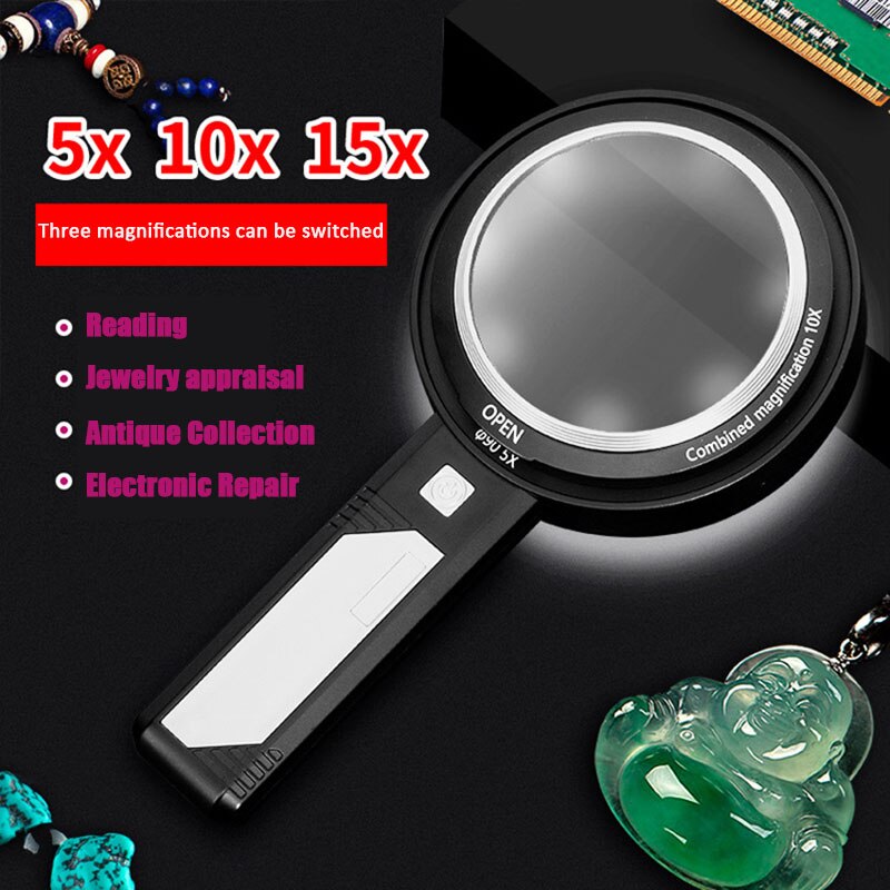 Lighted Magnifying Glass 5X 10X 15X Handheld Magnifying with 8 Led Lights, Optical Lens Illuminated Magnifier For Reading Repair