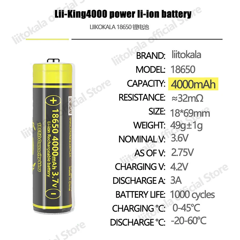 Liitokala 18650 4000 mah oppladbart batteri med høy kapasitet 3.7v litium-ion-batteri til lommelykt og hodelykt med pcb
